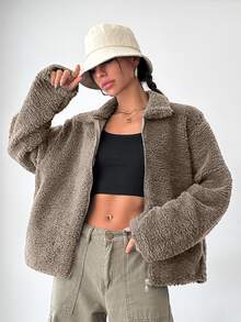 SHEIN Plus Size Solid Beige Color Zip Up Drop Shoulder Pocket Detailed Casual Teddy Coat - بيج - مشاهدة 7