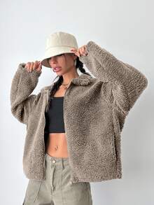 SHEIN Plus Size Solid Beige Color Zip Up Drop Shoulder Pocket Detailed Casual Teddy Coat - بيج - مشاهدة 3