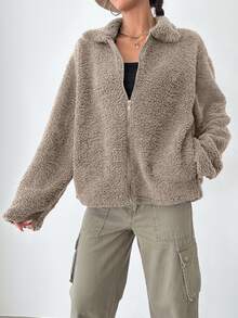 SHEIN Plus Size Solid Beige Color Zip Up Drop Shoulder Pocket Detailed Casual Teddy Coat - بيج - مشاهدة 4