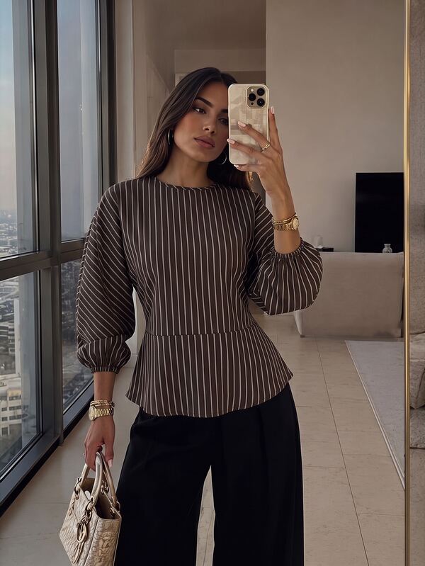 Firerie Women's New Minimalist Elegant Romantic Casual Urban Commute Elegant Fashion Versatile Coffee Brown Striped Round Neck Batwing Long Sleeve Cinched Waist Tie X-Shaped Regular Fit Shirt, Teacher Outfit, Autumn Wear