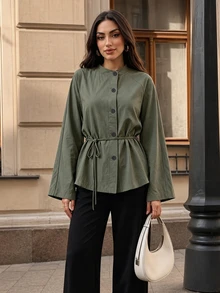 Breezaya Women's Solid Color Long Sleeve Stand Collar Blouse - Olive Green - View 4
