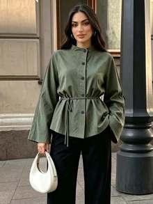 Breezaya Women's Solid Color Long Sleeve Stand Collar Blouse - Olive Green - View 6