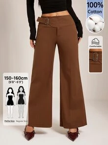 SHEIN PETITE 女款小碼棉混紡棕色寬腿休閒長褲，附金屬孔眼裝飾 - 棕色 - 查看 1