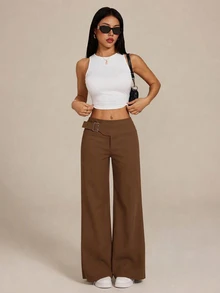 SHEIN PETITE 女款小碼棉混紡棕色寬腿休閒長褲，附金屬孔眼裝飾 - 棕色 - 查看 9