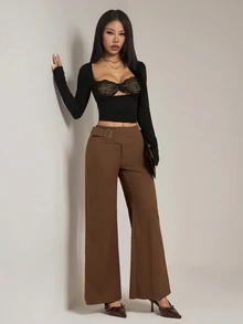 SHEIN PETITE 女款小碼棉混紡棕色寬腿休閒長褲，附金屬孔眼裝飾 - 棕色 - 查看 7
