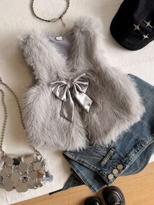 SHEIN Elladie kids 女童毛絨蝴蝶結夾克背心外套，適合日常休閒時尚優雅穿搭 - 棕色 - 查看 4