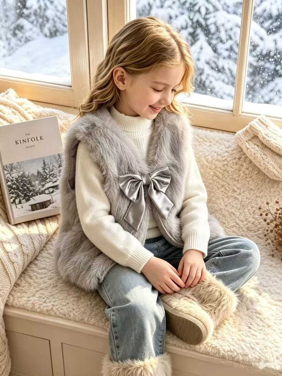 SHEIN Elladie kids 女童毛絨蝴蝶結夾克背心外套，適合日常休閒時尚優雅穿搭