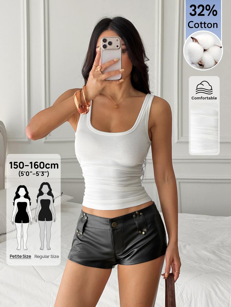 SHEIN PETITE Petite Women's Casual Versatile White Camisole, Deep U-Neck With Racerback Design - White - View 1