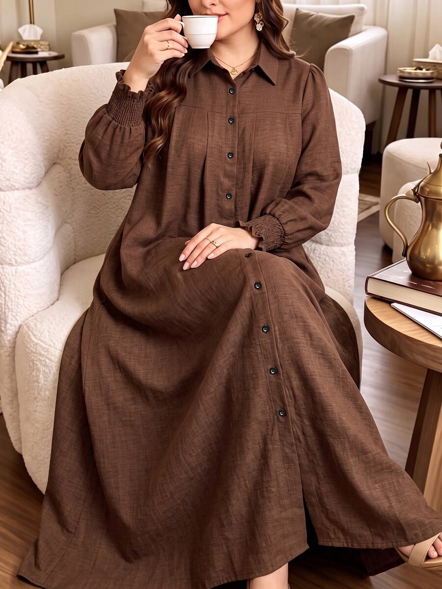 Al Najma فستان عربي نسائي بمقاس كبير، بتصميم بسيط وكاجوال، بلون موحد، بأكمام طويلة وقصة فضفاضة منتظمة، مناسب للربيع والخريف - بني - مشاهدة 1