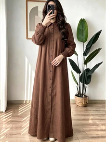 Al Najma فستان عربي نسائي بمقاس كبير، بتصميم بسيط وكاجوال، بلون موحد، بأكمام طويلة وقصة فضفاضة منتظمة، مناسب للربيع والخريف - بني - مشاهدة 5