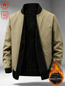 Manfinity Homme 男士拼色長袖拉鍊休閒飛行夾克 - 卡其色 - 查看 3