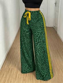 Eryvara 女款休閒彈性腰帶豹紋寬鬆寬腿長褲 / 附口袋 / 對比色緞帶蕾絲蝴蝶結 / 適合春夏秋冬 / 百搭性感居家 / 返校季 / 街頭風 / 長褲 - 綠色 - 查看 8