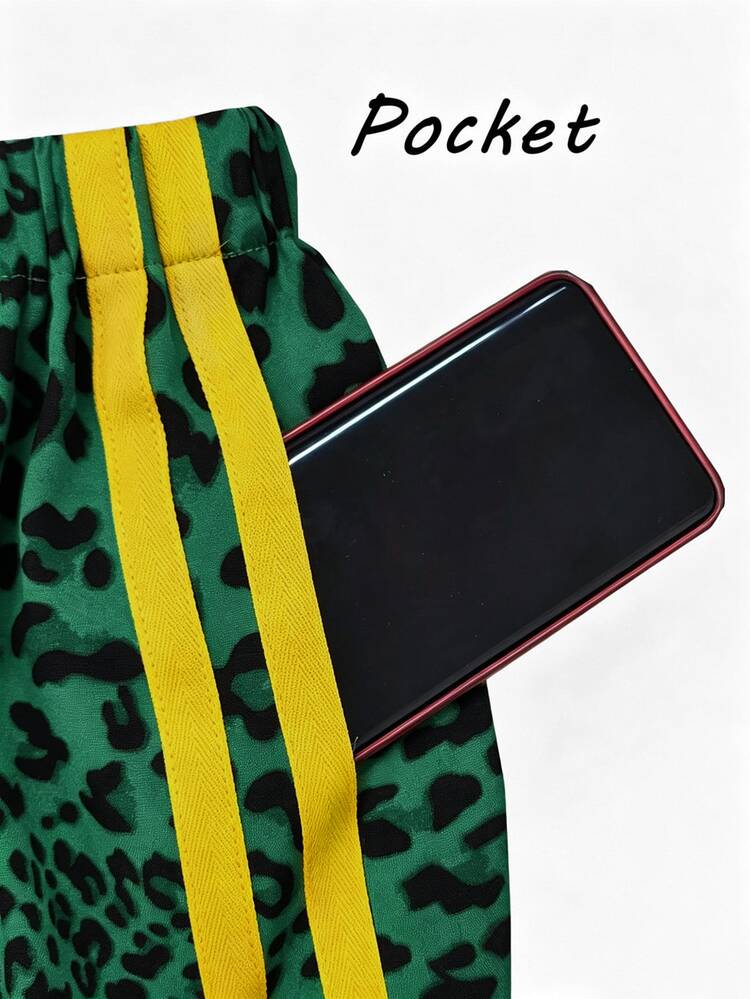 Eryvara Women's Casual Elastic Waistband Leopard Print Loose Wide-Leg Pants / With Pockets / Contrast Ribbon Lace Bow / Suitable For Spring, Summer, Autumn And Winter / Versatile Sexy Home / Back To School Season / Street Style / Trousers - Green - View 6