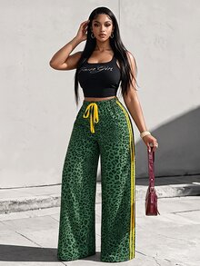 Eryvara 女款休閒彈性腰帶豹紋寬鬆寬腿長褲 / 附口袋 / 對比色緞帶蕾絲蝴蝶結 / 適合春夏秋冬 / 百搭性感居家 / 返校季 / 街頭風 / 長褲 - 綠色 - 查看 1