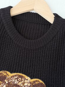 Girlism Kids Tween Girls Sweaters Autumn/Winter Casual Black Bear 3D Patchwork Round Neck Drop Shoulder Pullover - Black - View 6