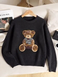 Girlism Kids Tween Girls Sweaters Autumn/Winter Casual Black Bear 3D Patchwork Round Neck Drop Shoulder Pullover - Black - View 8