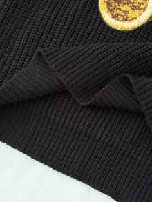 Girlism Kids Tween Girls Sweaters Autumn/Winter Casual Black Bear 3D Patchwork Round Neck Drop Shoulder Pullover - Black - View 11