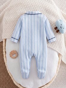 SHEIN Newborn Baby Striped Knight Pattern Print Button Romper Long Pants Loungewear - Blue - View 5