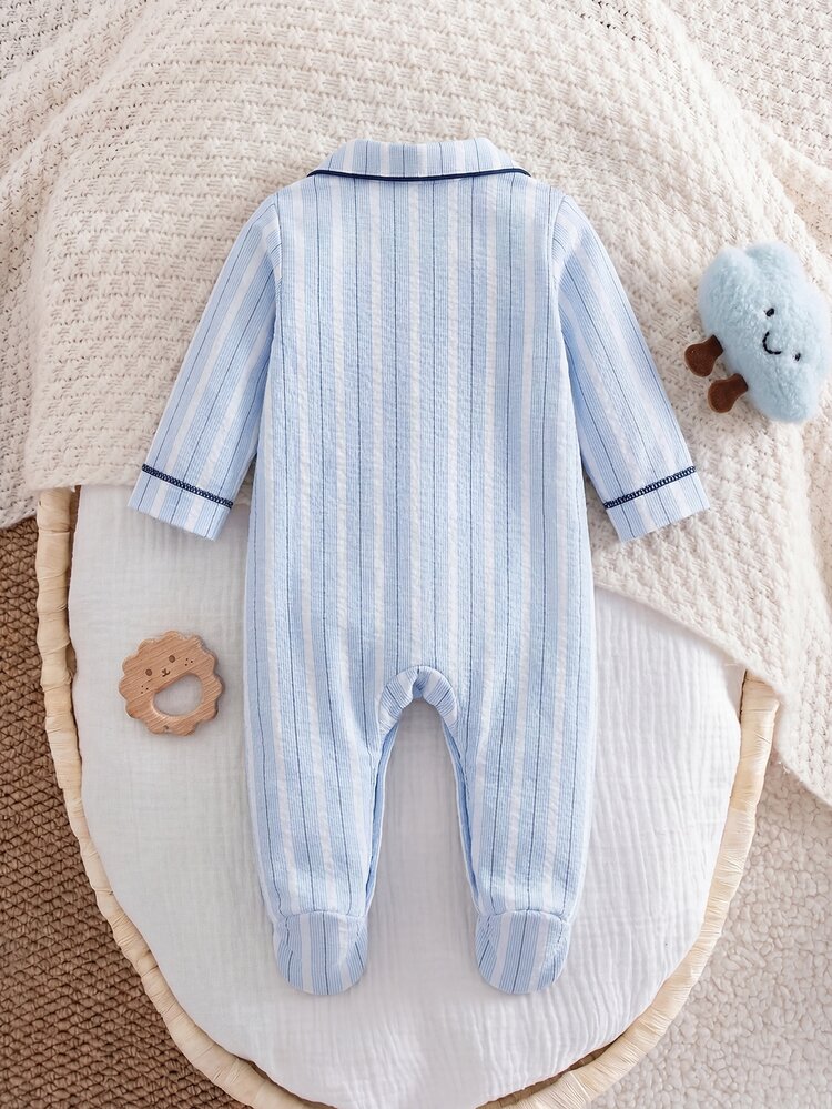 SHEIN Newborn Baby Striped Knight Pattern Print Button Romper Long Pants Loungewear - Blue - View 5