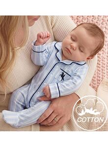 SHEIN Newborn Baby Striped Knight Pattern Print Button Romper Long Pants Loungewear - Blue - View 1