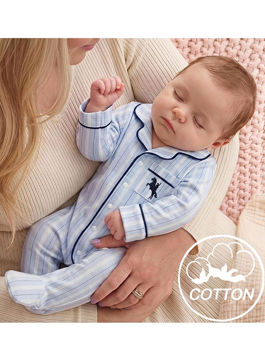 SHEIN Newborn Baby Striped Knight Pattern Print Button Romper Long Pants Loungewear - Blue - View 1