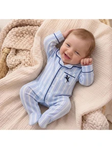 SHEIN Newborn Baby Striped Knight Pattern Print Button Romper Long Pants Loungewear - Blue - View 7