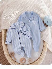 SHEIN Newborn Baby Striped Knight Pattern Print Button Romper Long Pants Loungewear - Blue - View 2