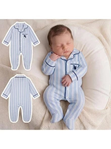 SHEIN Newborn Baby Striped Knight Pattern Print Button Romper Long Pants Loungewear - Blue - View 3