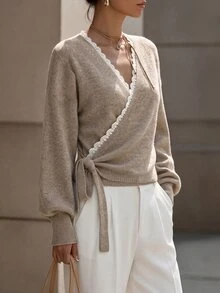 Elafinee 女款休閒法式波希米亞優雅交叉領短版針織衫，鏤空蕾絲綁腰，長泡泡袖，白色，秋季 - 卡其色 - 查看 5