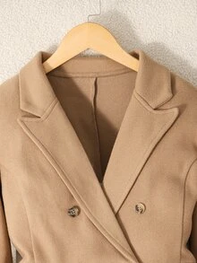 SHEIN 復古卡其色優雅西裝領雙排扣中長版外套，抓絨，秋季服飾，學生日常通勤秋冬修身長版夾克 - 卡其色 - 查看 6