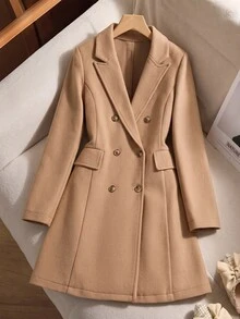 SHEIN 復古卡其色優雅西裝領雙排扣中長版外套，抓絨，秋季服飾，學生日常通勤秋冬修身長版夾克 - 卡其色 - 查看 13