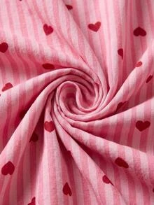 SHEIN PLUS SIZE Women 2 Pcs Pink Button Front With Striped&Heart Pattern Homewear Cute Pajama Set - Pink - View 7