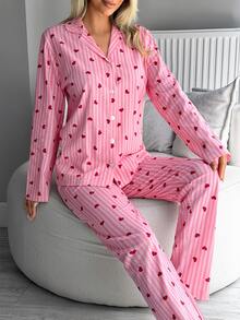 SHEIN PLUS SIZE Women 2 Pcs Pink Button Front With Striped&Heart Pattern Homewear Cute Pajama Set - Pink - View 6