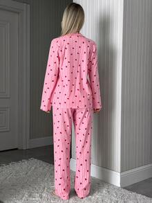 SHEIN PLUS SIZE Women 2 Pcs Pink Button Front With Striped&Heart Pattern Homewear Cute Pajama Set - Pink - View 2