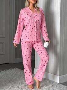 SHEIN PLUS SIZE Women 2 Pcs Pink Button Front With Striped&Heart Pattern Homewear Cute Pajama Set - Pink - View 4