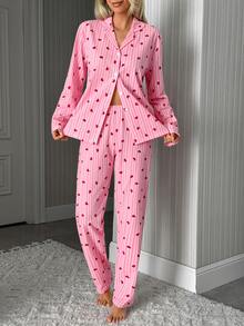 SHEIN PLUS SIZE Women 2 Pcs Pink Button Front With Striped&Heart Pattern Homewear Cute Pajama Set - Pink - View 5