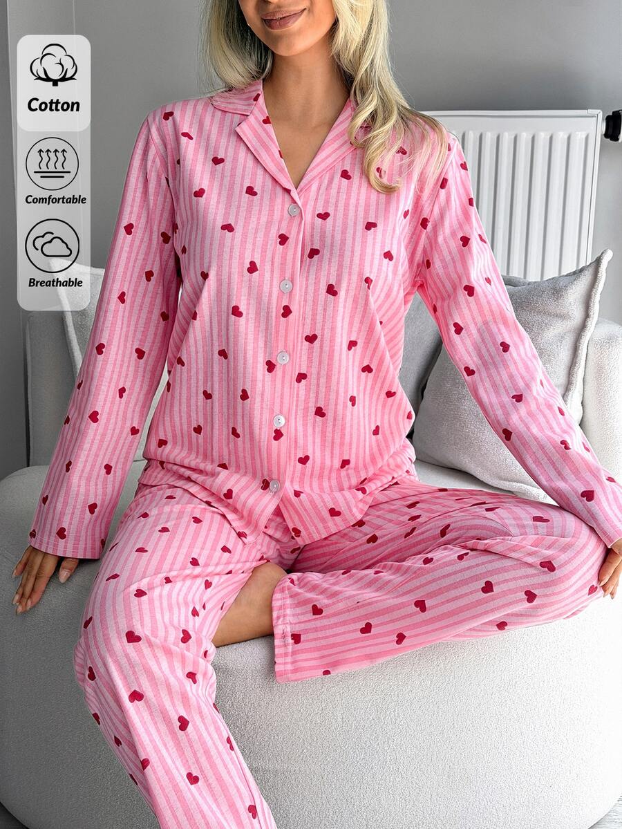 SHEIN PLUS SIZE Women 2 Pcs Pink Button Front With Striped&Heart Pattern Homewear Cute Pajama Set - Pink - View 1