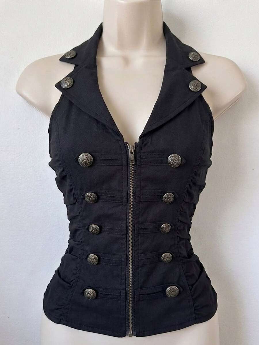 Attitoon Women's Casual Vintage Napoleon Vest, 2026 Autumn/Winter, Commute Outfit, Retro, Back To School, Outing - Black - View 1