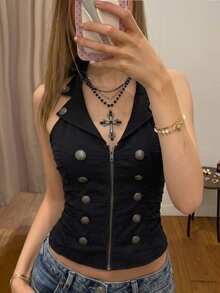 Attitoon Women's Casual Vintage Napoleon Vest, 2026 Autumn/Winter, Commute Outfit, Retro, Back To School, Outing - Black - View 9