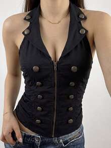 Attitoon Women's Casual Vintage Napoleon Vest, 2026 Autumn/Winter, Commute Outfit, Retro, Back To School, Outing - Black - View 3
