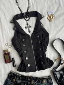 Attitoon Women's Casual Vintage Napoleon Vest, 2026 Autumn/Winter, Commute Outfit, Retro, Back To School, Outing - Black - View 6