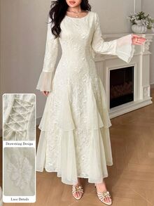 Yasveil Spring And Autumn Rice White Jacquard Splicing Chiffon Round Neck Trumpet Sleeve Waist Skirt, Back To School Season Ruffle Edge Dress - Beige - View 11
