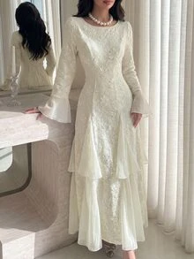 Yasveil Spring And Autumn Rice White Jacquard Splicing Chiffon Round Neck Trumpet Sleeve Waist Skirt, Back To School Season Ruffle Edge Dress - Beige - View 7