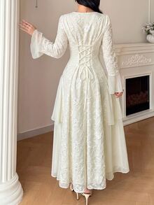 Yasveil Spring And Autumn Rice White Jacquard Splicing Chiffon Round Neck Trumpet Sleeve Waist Skirt, Back To School Season Ruffle Edge Dress - Beige - View 3