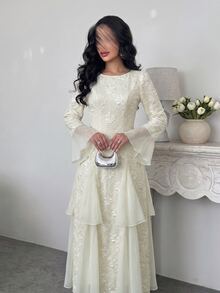 Yasveil Spring And Autumn Rice White Jacquard Splicing Chiffon Round Neck Trumpet Sleeve Waist Skirt, Back To School Season Ruffle Edge Dress - Beige - View 4