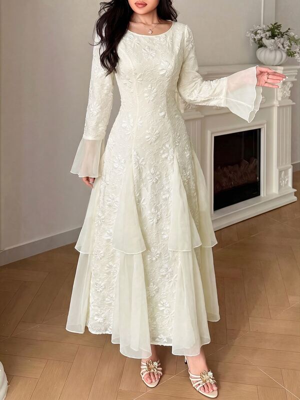 Yasveil Vestido de Primavera y Otoño Blanco Arroz con Empalme de Jacquard y Gasa, Cuello Redondo, Manga Trompeta, Falda con Cintura, Borde con Volantes para la Temporada de Regreso a la Escuela