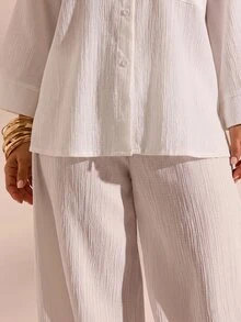 Opulessa Women's Solid Color Drop Shoulder Long Sleeve Shirt And Pants Casual 2 Pieces Set - White - View 8