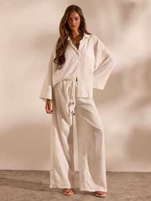 Opulessa Women's Solid Color Drop Shoulder Long Sleeve Shirt And Pants Casual 2 Pieces Set - White - View 2