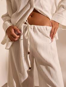 Opulessa Women's Solid Color Drop Shoulder Long Sleeve Shirt And Pants Casual 2 Pieces Set - White - View 4