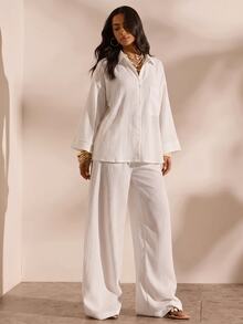 Opulessa Women's Solid Color Drop Shoulder Long Sleeve Shirt And Pants Casual 2 Pieces Set - White - View 10